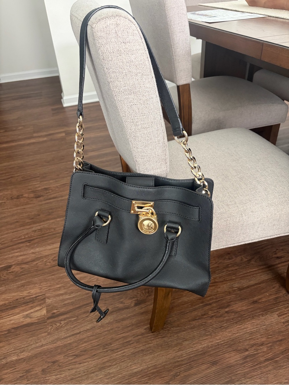 Michael Kors Black Leather Shoulder Bag with Gold Chain Hardware